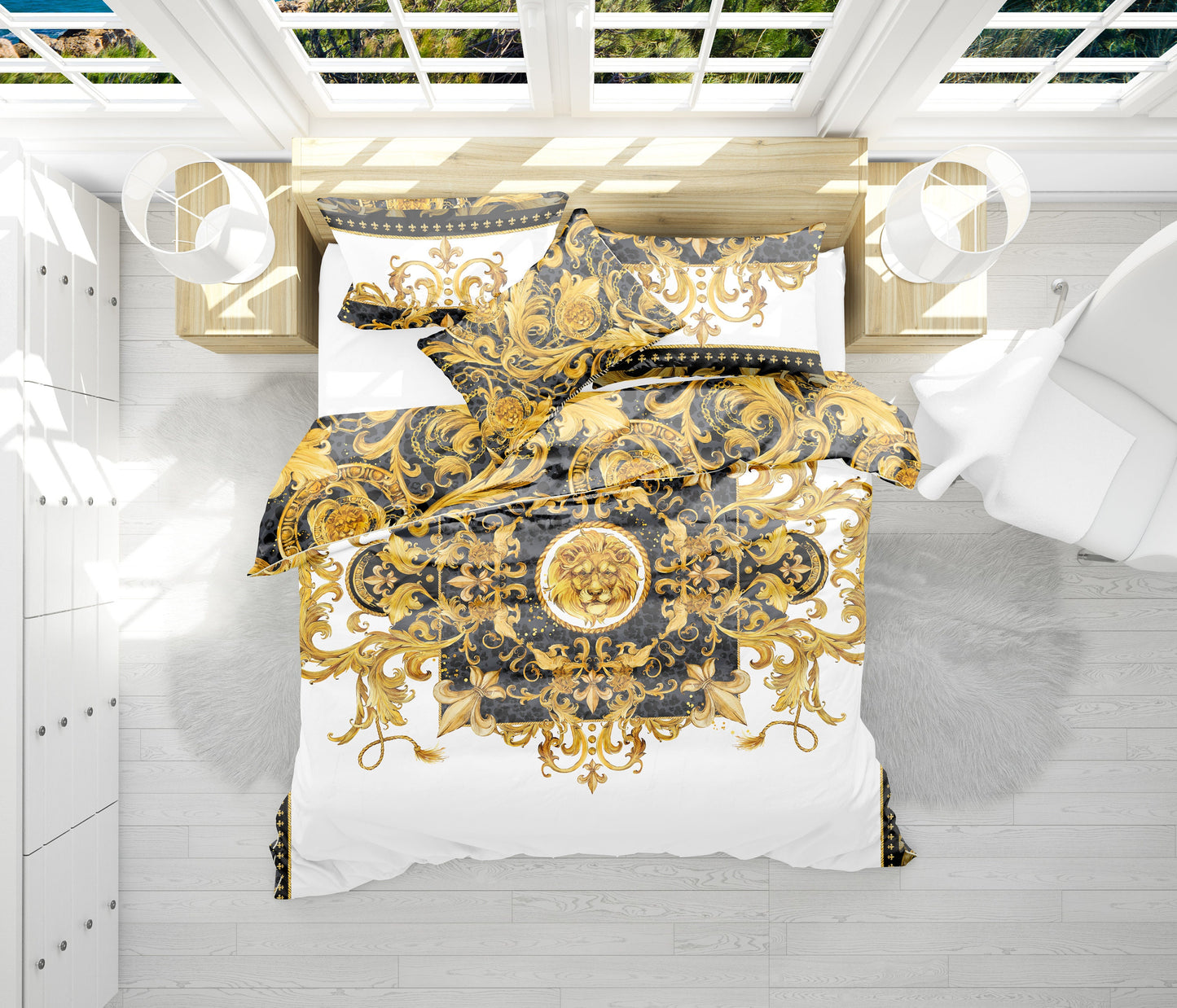 Damask Baroque Eccentric Personalised Yellow-Black exclusive Bedding set • Reversible design • Cotton • microfiber • silk