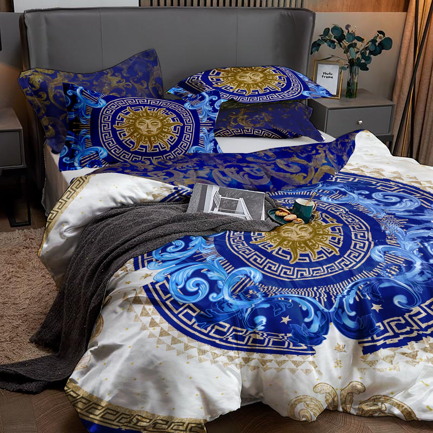 Juego de cama personalizado excéntrico barroco azul y dorado "Noira" • Diseño reversible • Algodón • Microfibra • AU, EU, USA, queen, king