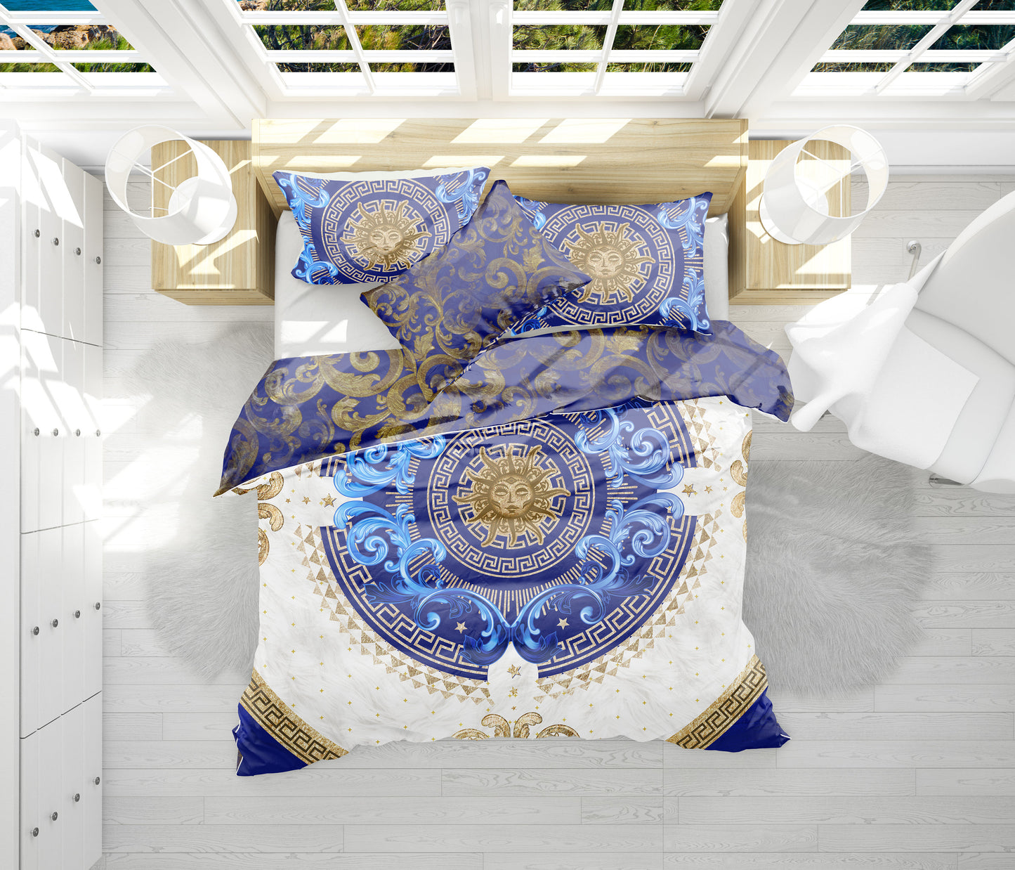 Juego de cama personalizado excéntrico barroco azul y dorado "Noira" • Diseño reversible • Algodón • Microfibra • AU, EU, USA, queen, king