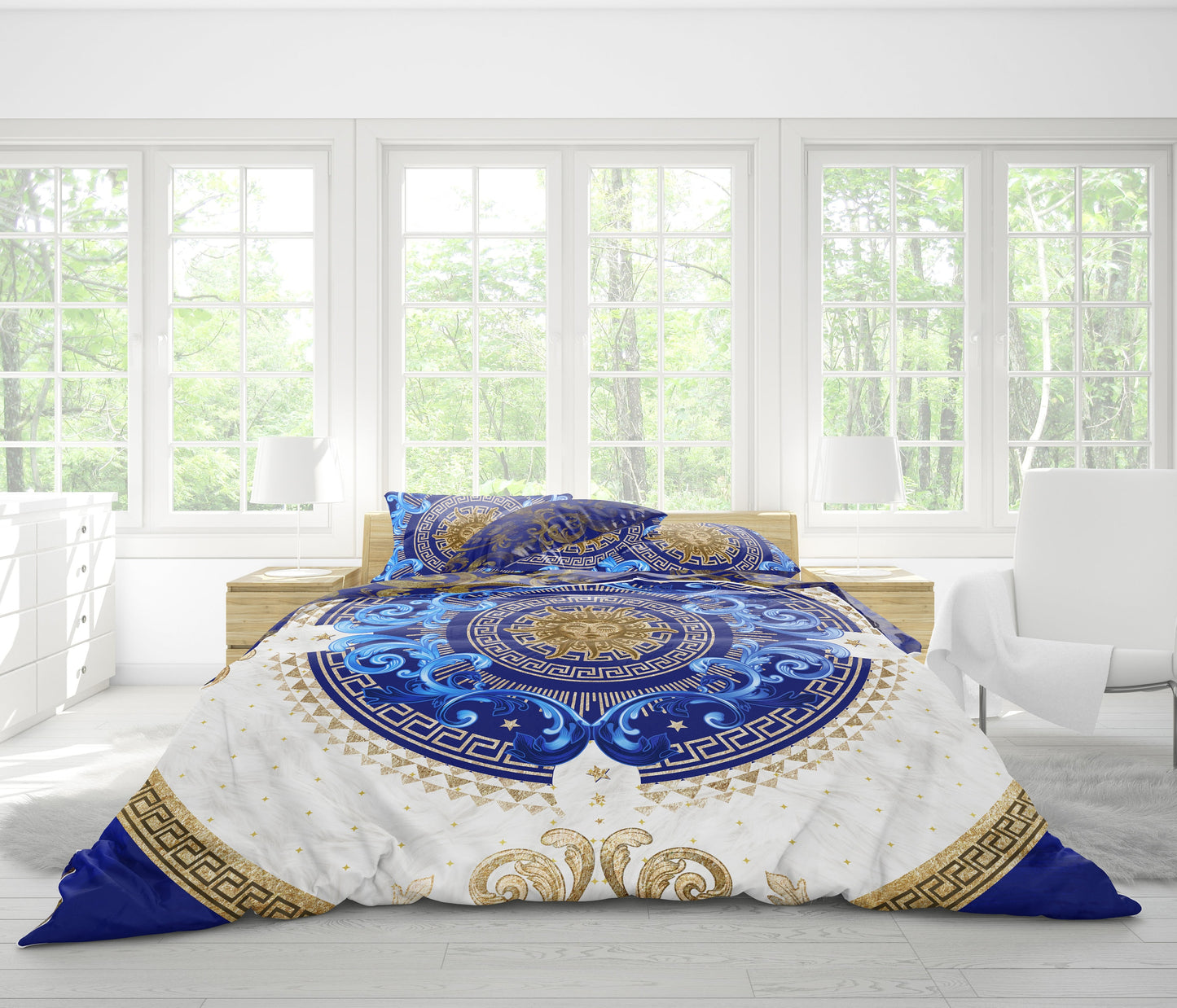 Juego de cama personalizado excéntrico barroco azul y dorado "Noira" • Diseño reversible • Algodón • Microfibra • AU, EU, USA, queen, king
