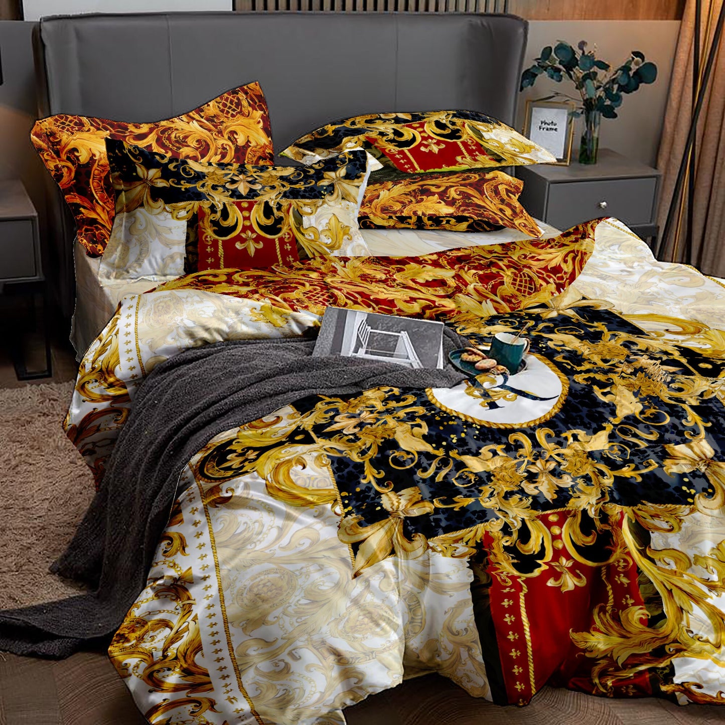 Juego de cama barroco excéntrico personalizado rojo-dorado • Diseño reversible • Algodón • poliéster • seda • queen, king