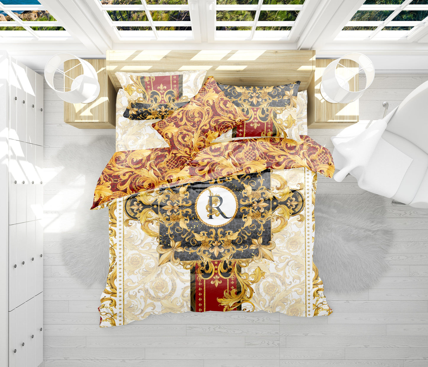 Juego de cama barroco excéntrico personalizado rojo-dorado • Diseño reversible • Algodón • poliéster • seda • tamaño queen, king