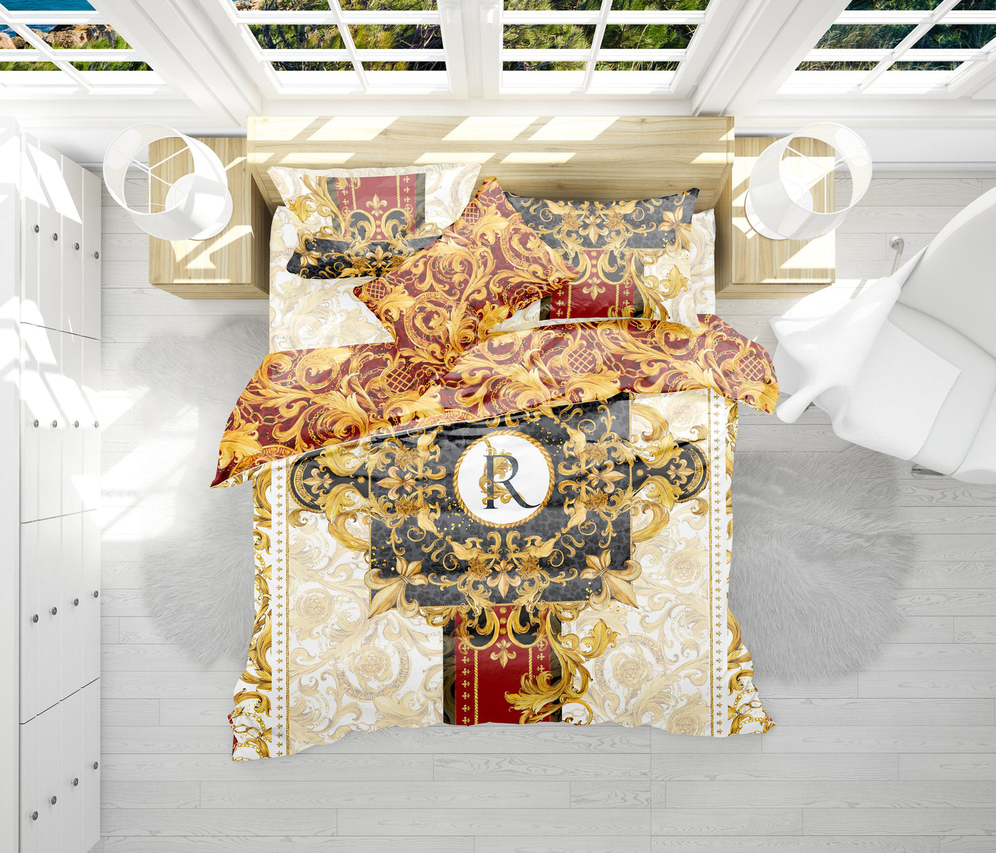 Juego de cama barroco excéntrico personalizado rojo-dorado • Diseño reversible • Algodón • poliéster • seda • queen, king