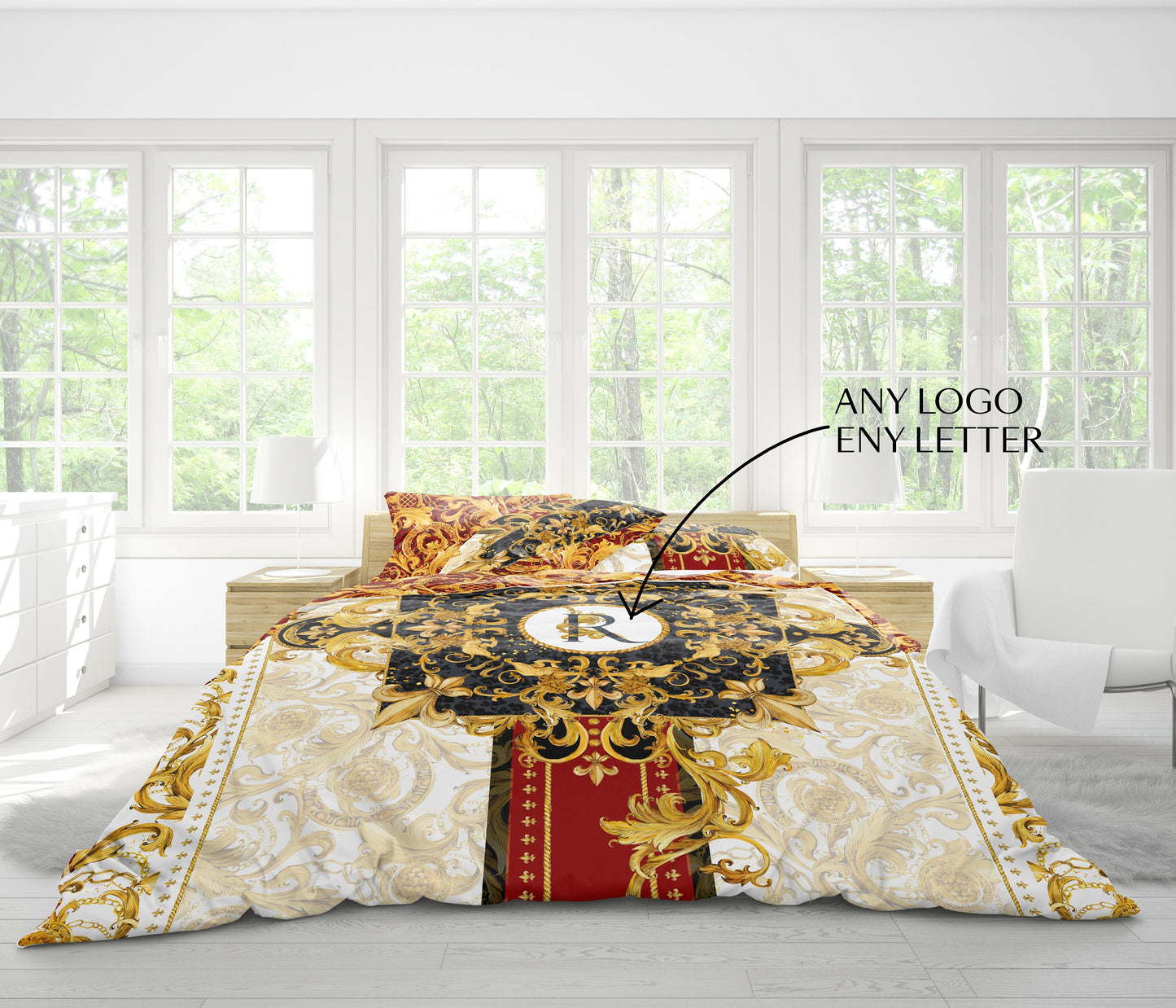 Juego de cama barroco excéntrico personalizado rojo-dorado • Diseño reversible • Algodón • poliéster • seda • queen, king