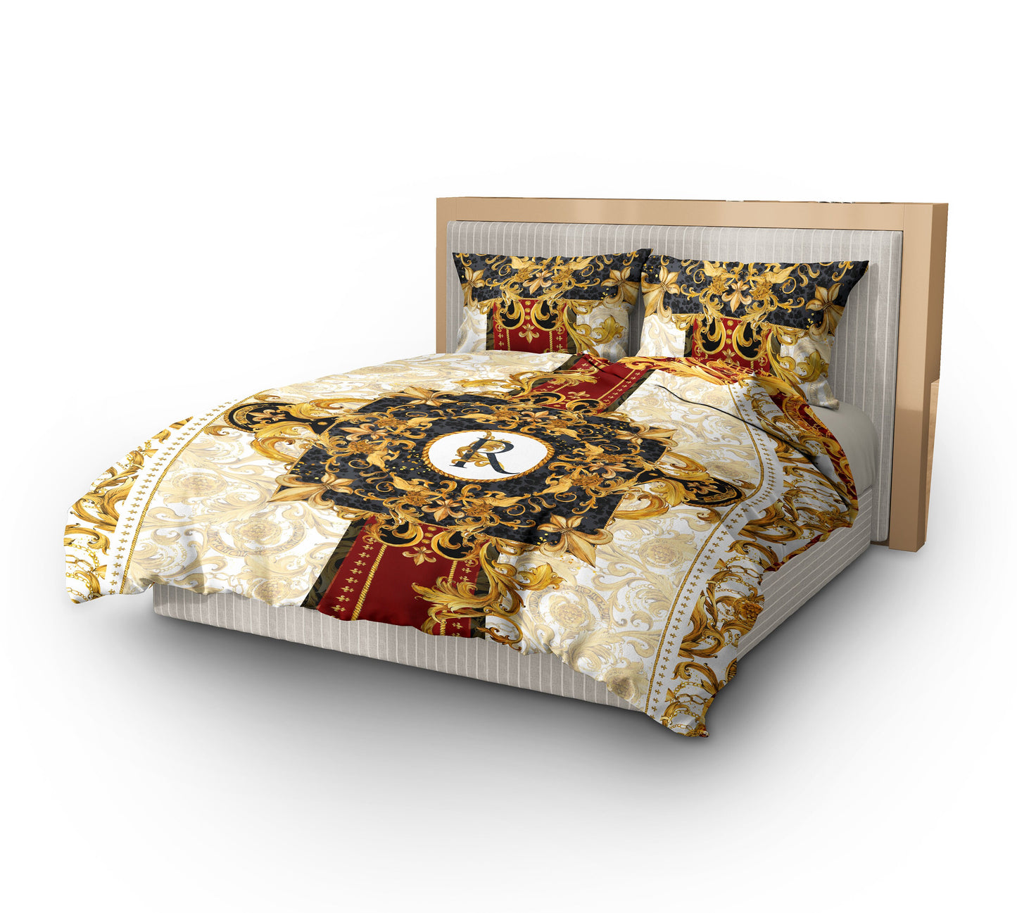 Juego de cama barroco excéntrico personalizado rojo-dorado • Diseño reversible • Algodón • poliéster • seda • queen, king