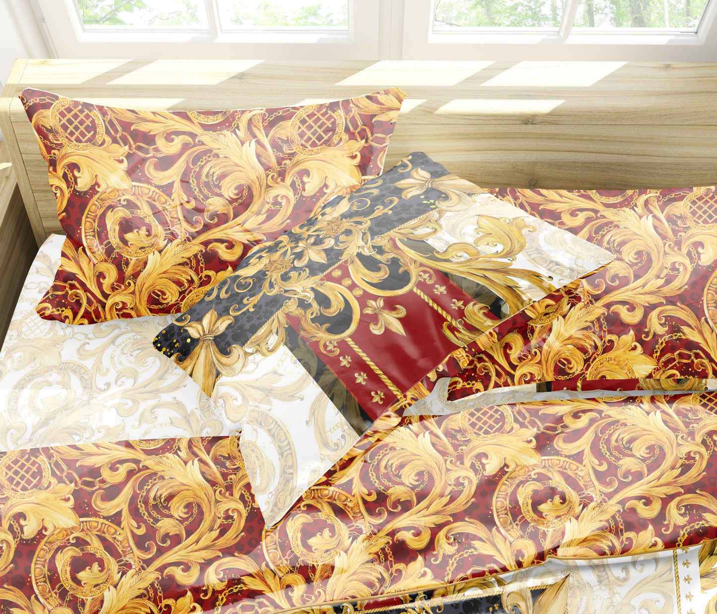 Juego de cama barroco excéntrico personalizado rojo-dorado • Diseño reversible • Algodón • poliéster • seda • queen, king