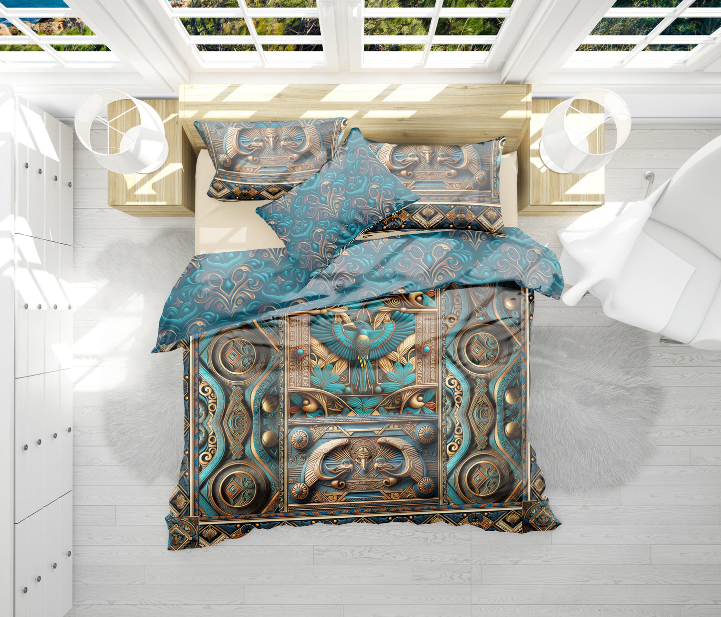 Luxury Egyptian blue-gold pattern Bedding set • Reversible design • Cotton • polyester • silk • queen, king