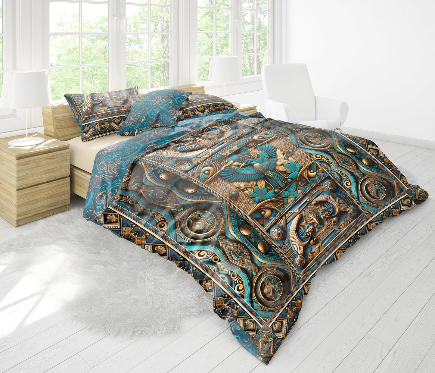 Luxury Egyptian blue-gold pattern Bedding set • Reversible design • Cotton • polyester • silk • queen, king