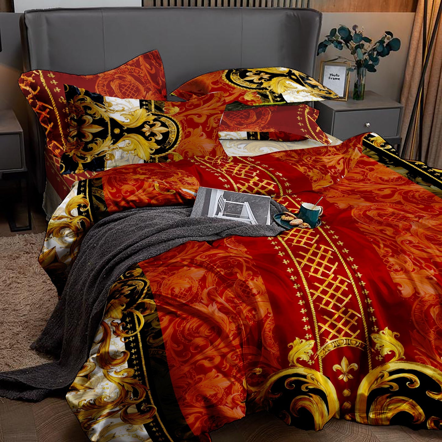 Juego de cama barroco excéntrico personalizado rojo-dorado • Diseño reversible • Algodón • poliéster • seda • queen, king