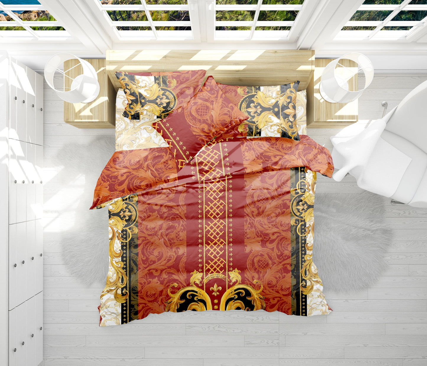 Juego de cama barroco excéntrico personalizado rojo-dorado • Diseño reversible • Algodón • poliéster • seda • queen, king