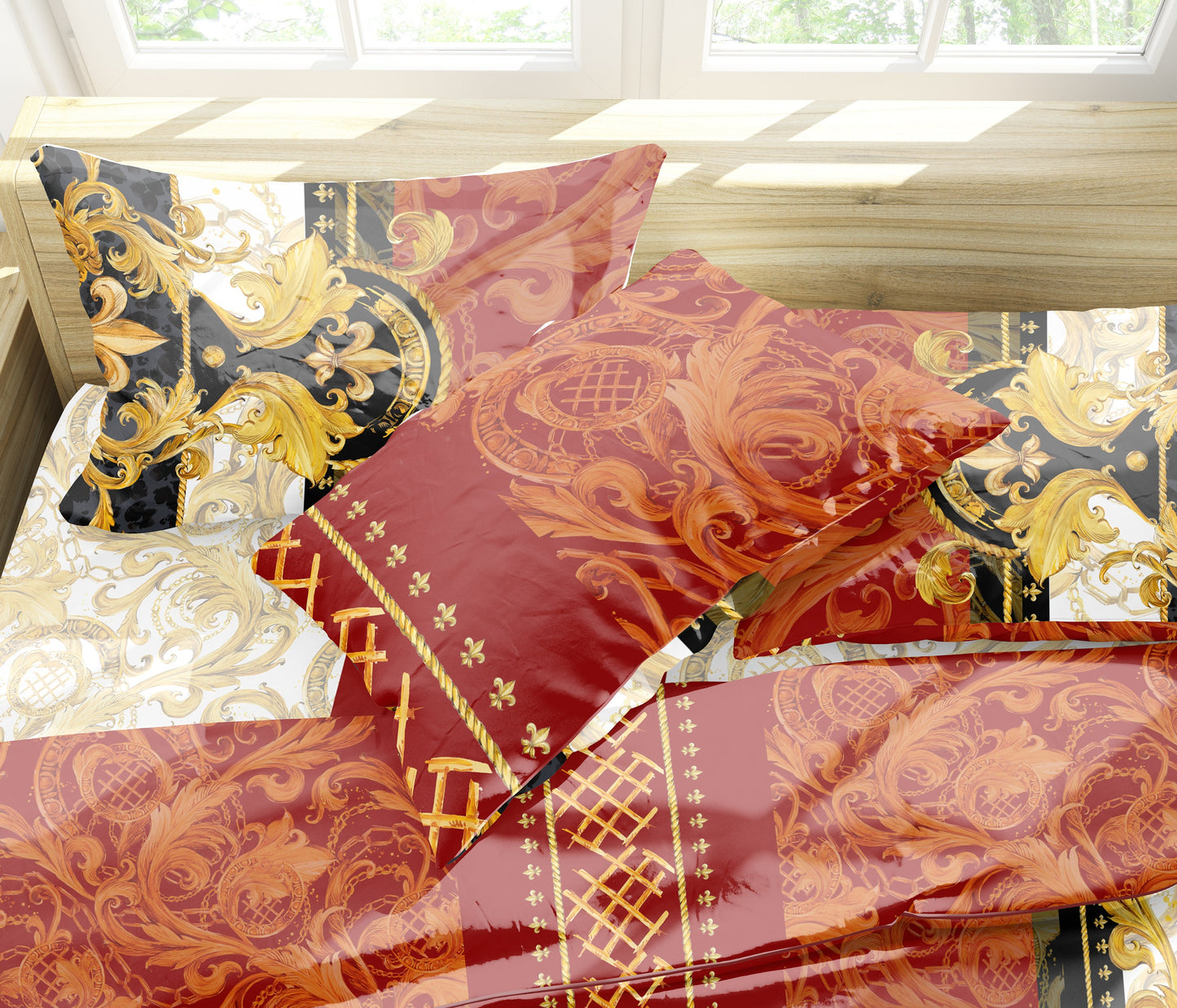 Juego de cama barroco excéntrico personalizado rojo-dorado • Diseño reversible • Algodón • poliéster • seda • queen, king