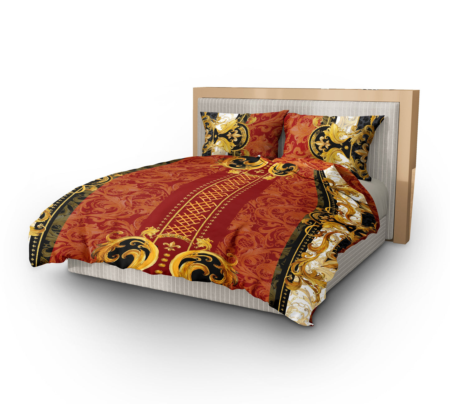 Juego de cama barroco excéntrico personalizado rojo-dorado • Diseño reversible • Algodón • poliéster • seda • queen, king