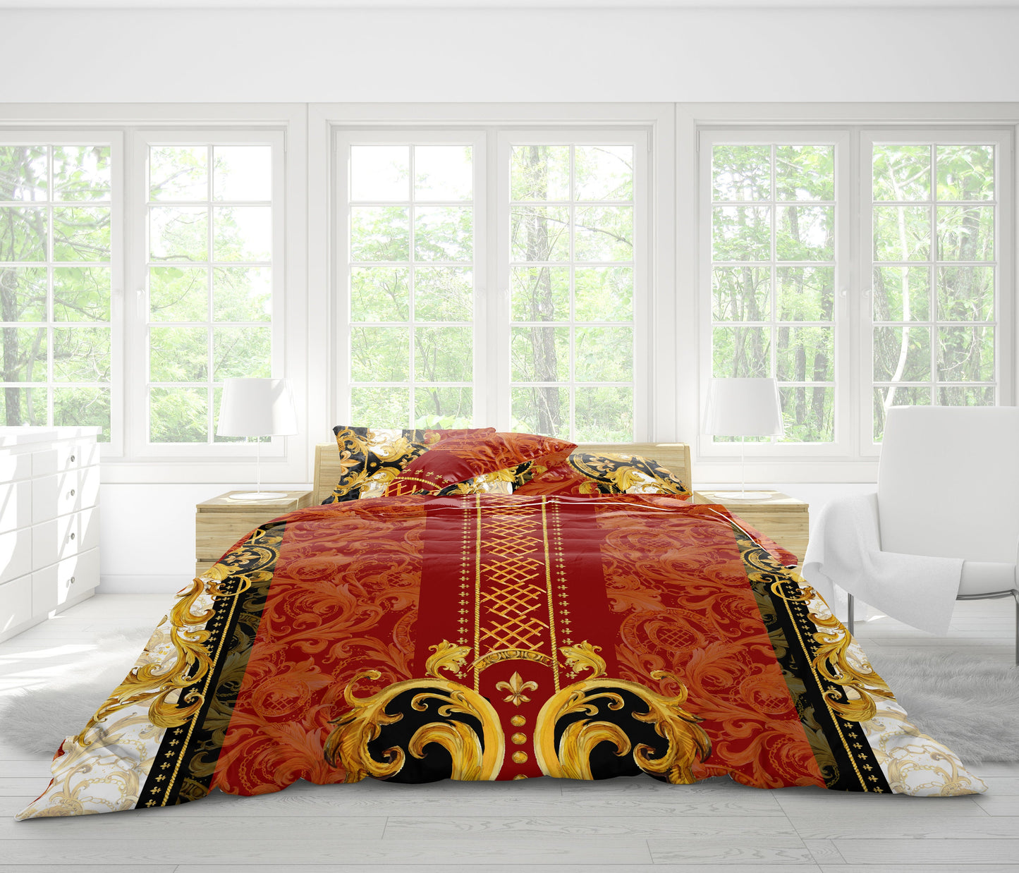 Juego de cama barroco excéntrico personalizado rojo-dorado • Diseño reversible • Algodón • poliéster • seda • queen, king