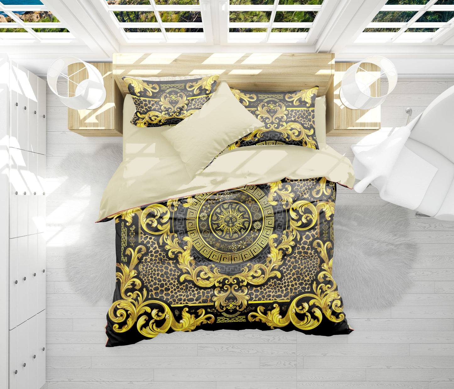 Juego de cama con estampado de animales barroco excéntrico personalizado en negro y dorado • Diseño reversible • Algodón • poliéster • seda • tamaño queen, king
