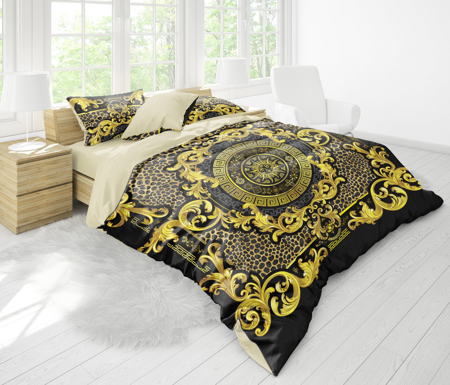 Egyptian Personalised Blue-Gold animal pattern Bedding set • Reversible design • Cotton • polyester • silk • queen, king