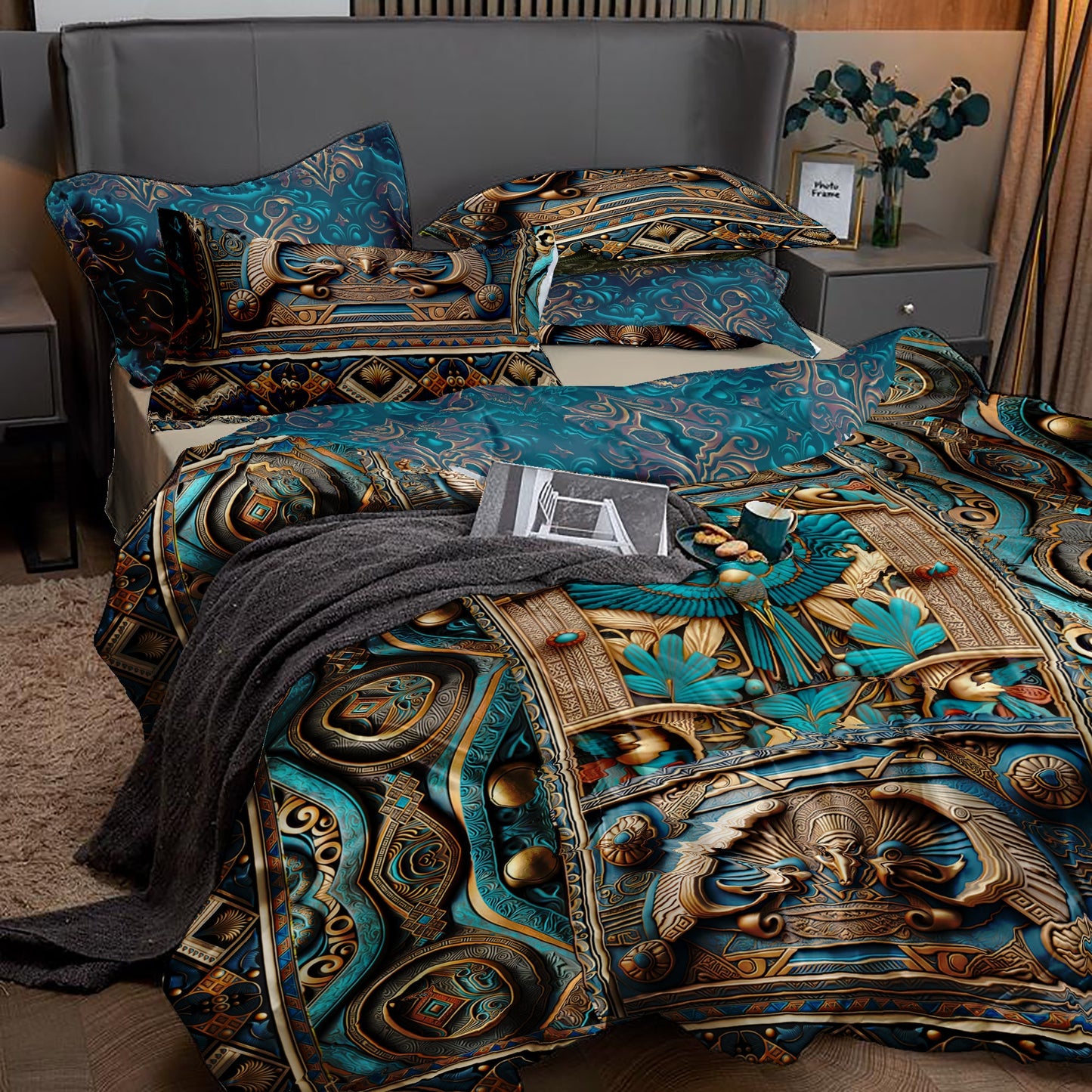 Luxury Egyptian blue-gold pattern Bedding set • Reversible design • Cotton • polyester • silk • queen, king