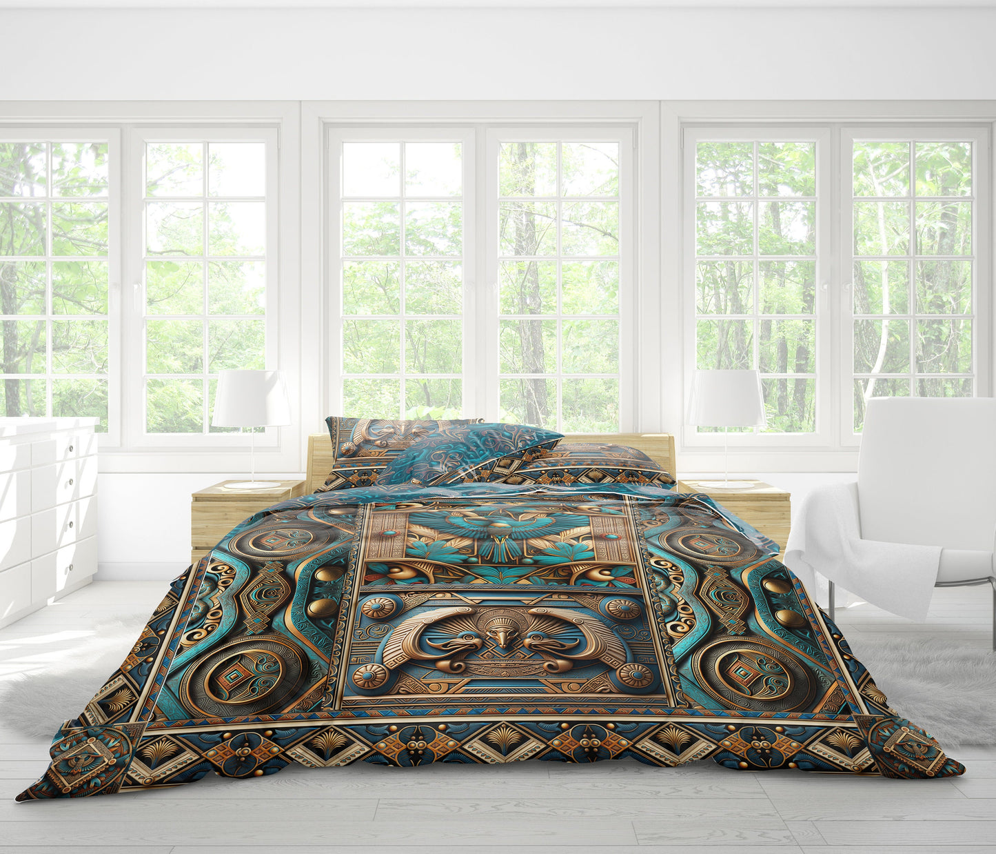 Luxury Egyptian blue-gold pattern Bedding set • Reversible design • Cotton • polyester • silk • queen, king
