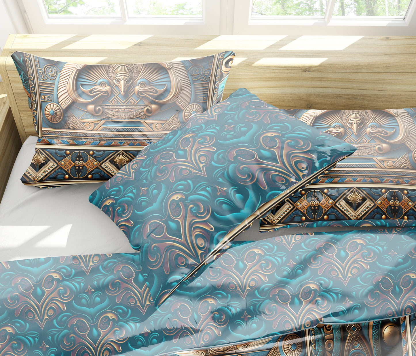 Luxury Egyptian blue-gold pattern Bedding set • Reversible design • Cotton • polyester • silk • queen, king
