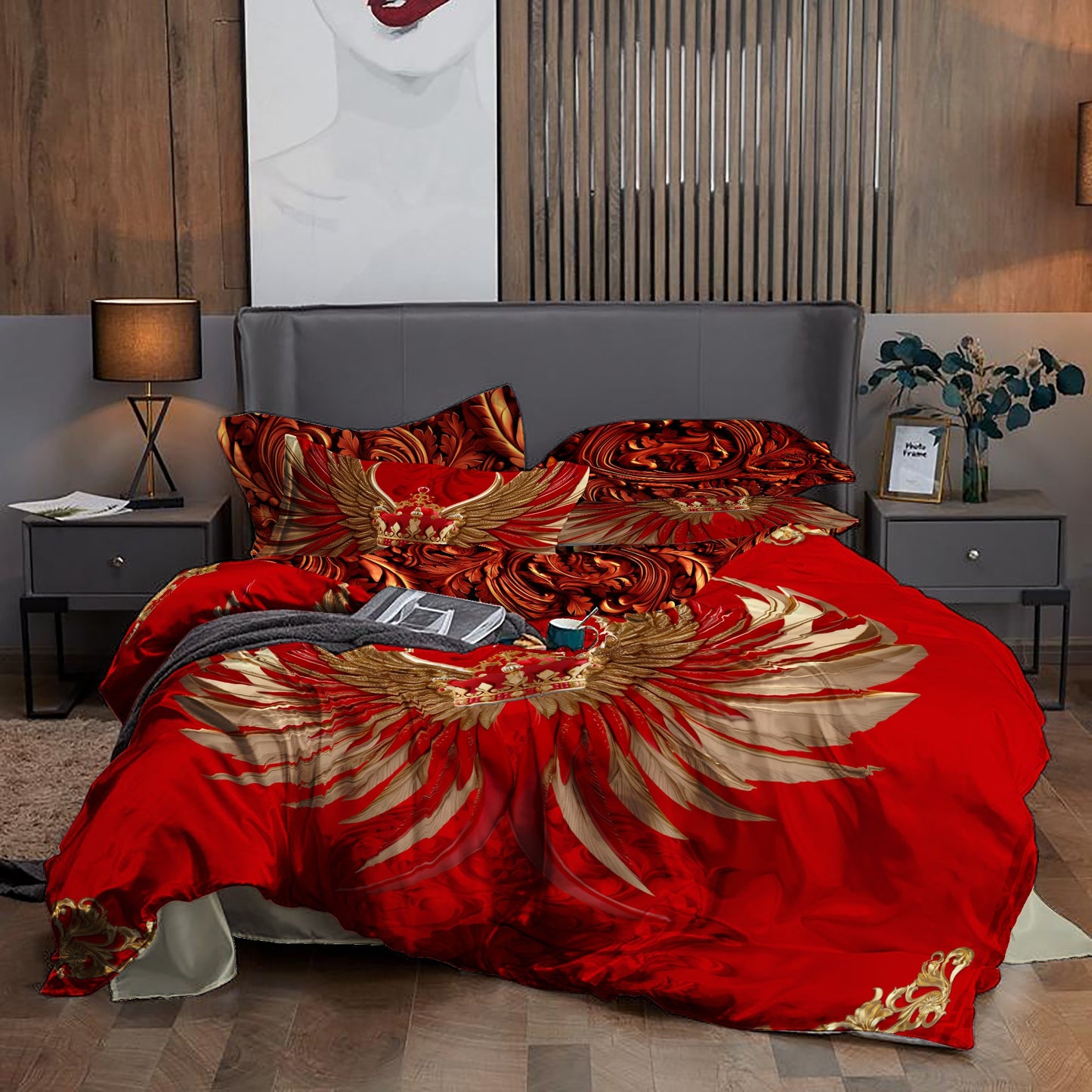 Baroque Eccentric Personalised Red-Golden design "wings and crown" Bedding set • Reversible design • Cotton • polyester • silk • queen, king