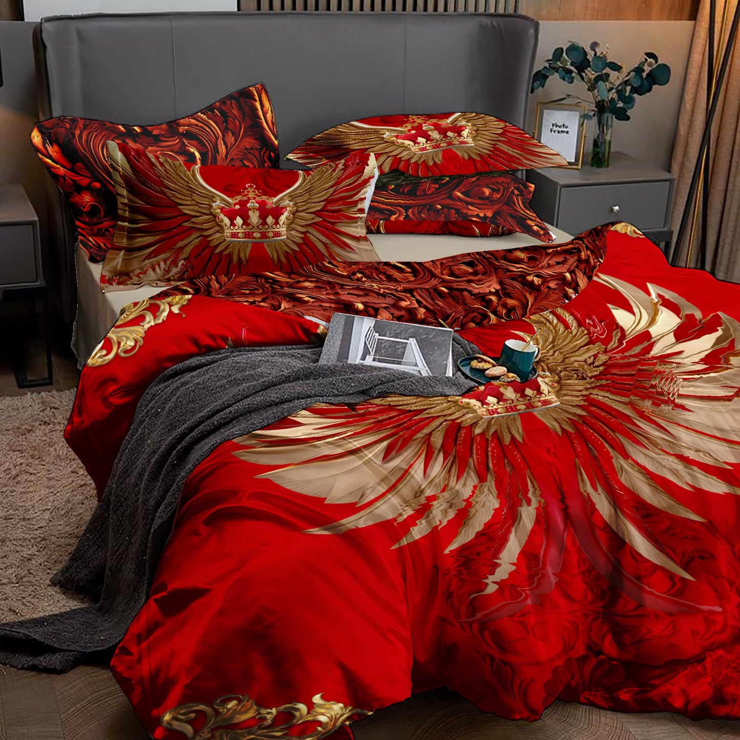 Baroque Eccentric Personalised Red-Golden design "wings and crown" Bedding set • Reversible design • Cotton • polyester • silk • queen, king