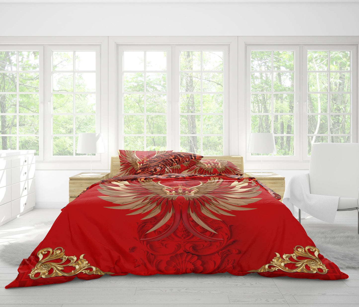 Baroque Eccentric Personalised Red-Golden design "wings and crown" Bedding set • Reversible design • Cotton • polyester • silk • queen, king