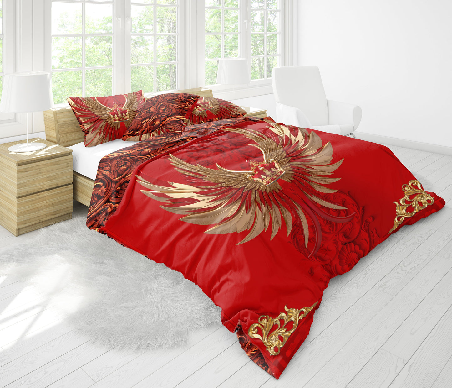 Baroque Eccentric Personalised Red-Golden design "wings and crown" Bedding set • Reversible design • Cotton • polyester • silk • queen, king