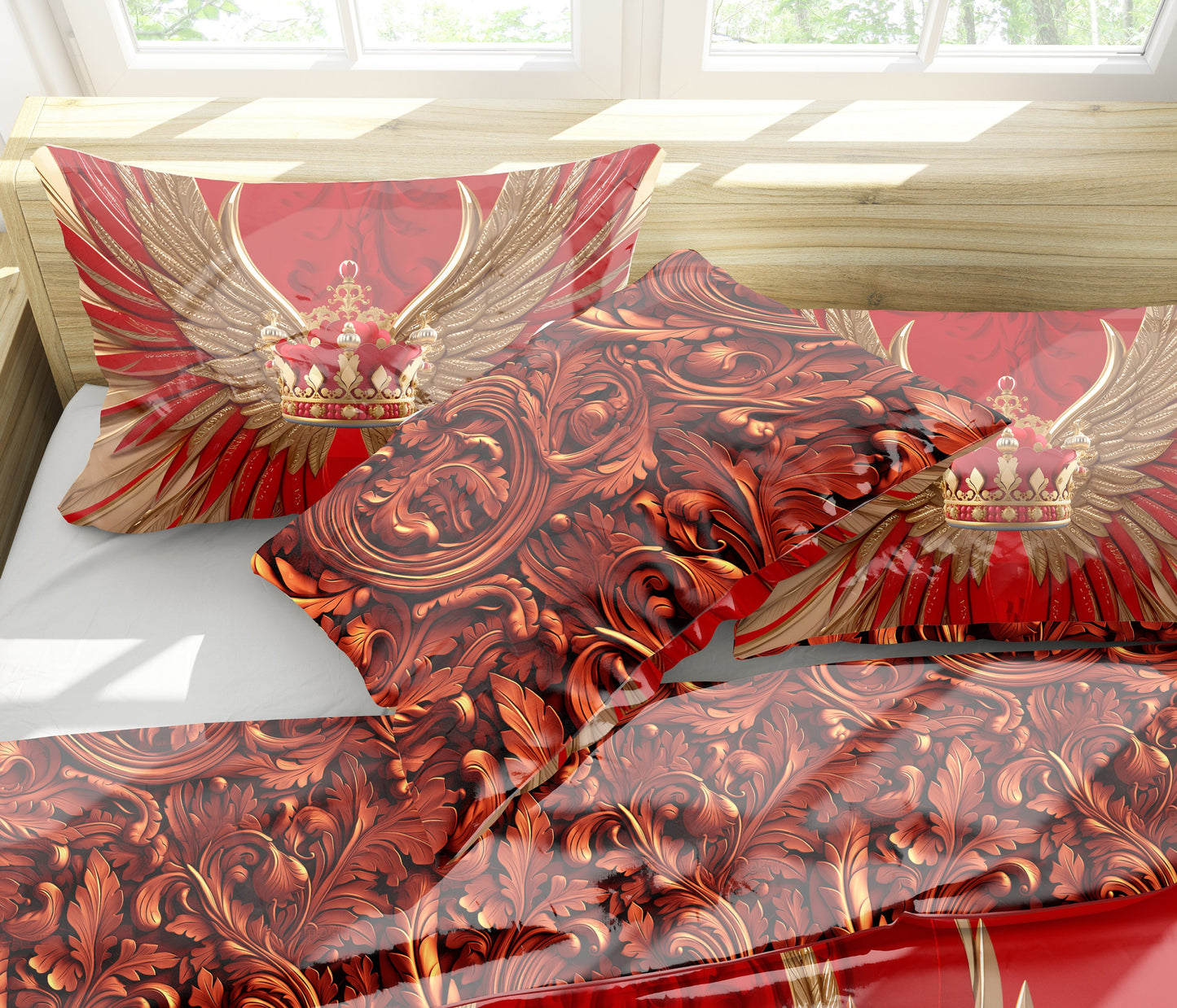 Baroque Eccentric Personalised Red-Golden design "wings and crown" Bedding set • Reversible design • Cotton • polyester • silk • queen, king