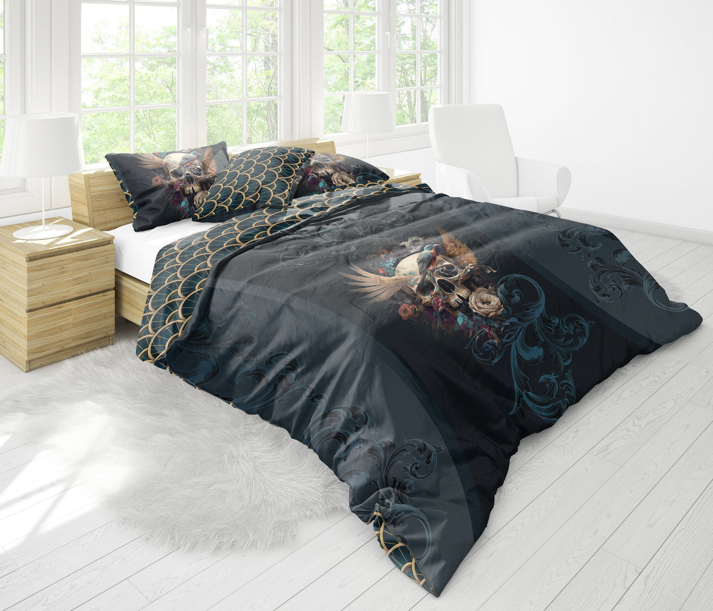 Customize Skull Gothic design Bedding Set • Reversible design • Personalised quilt• Duvet Cover and Pillowcases • Double Full Queen King
