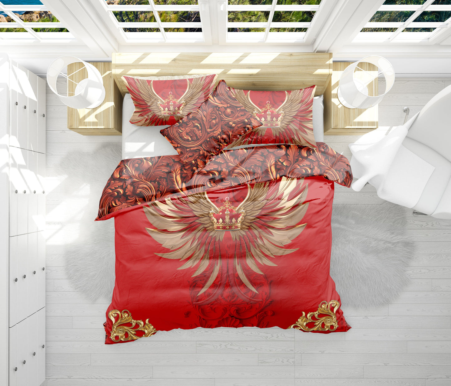 Baroque Eccentric Personalised Red-Golden design "wings and crown" Bedding set • Reversible design • Cotton • polyester • silk • queen, king