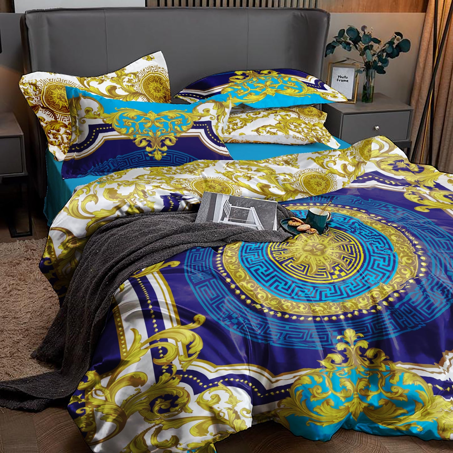 Customize Baroque Eccentric Personalised Blue-Gold pattern Bedding set • Reversible design • Cotton • silk • queen, king