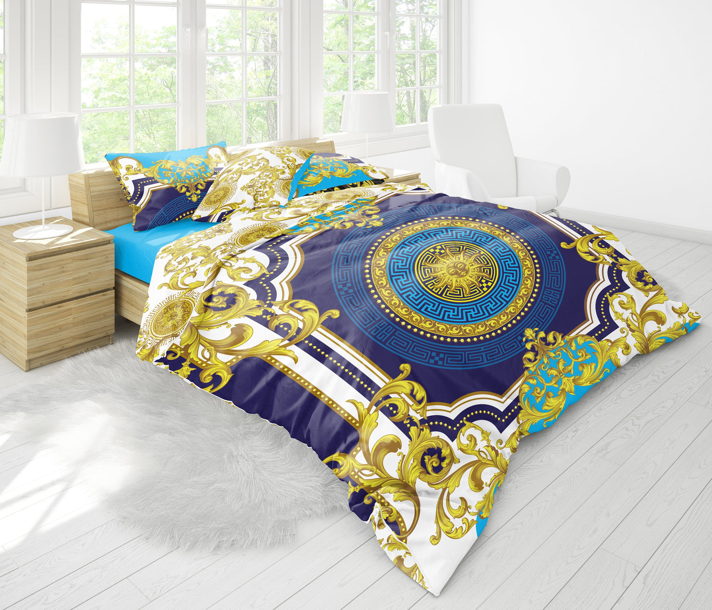 Customize Baroque Eccentric Personalised Blue-Gold pattern Bedding set • Reversible design • Cotton • silk • queen, king