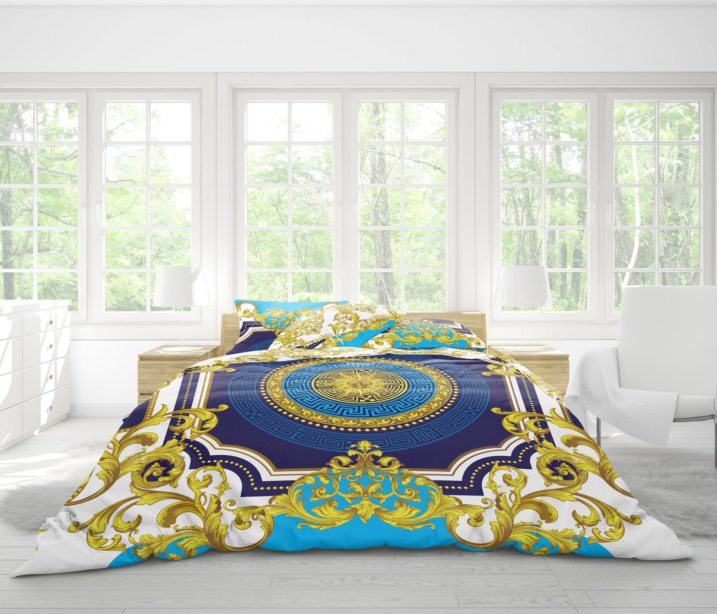 Customize Baroque Eccentric Personalised Blue-Gold pattern Bedding set • Reversible design • Cotton • silk • queen, king