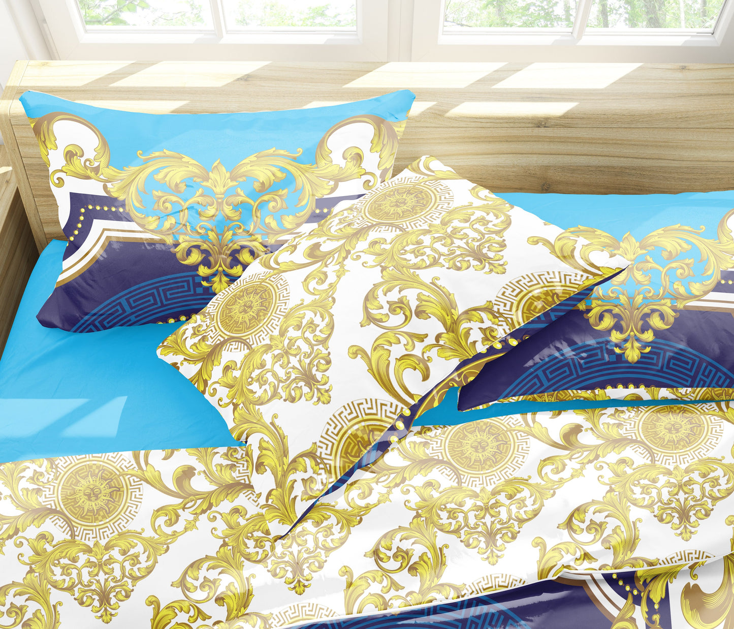 Customize Baroque Eccentric Personalised Blue-Gold pattern Bedding set • Reversible design • Cotton • silk • queen, king
