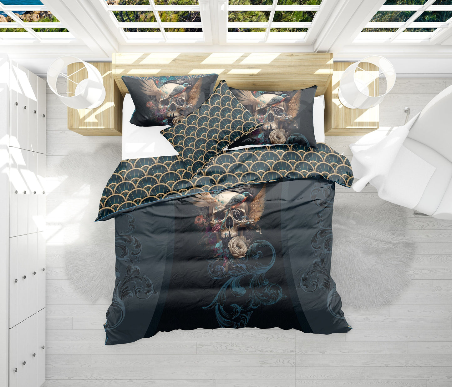 Customize Skull Gothic design Bedding Set • Reversible design • Personalised quilt• Duvet Cover and Pillowcases • Double Full Queen King