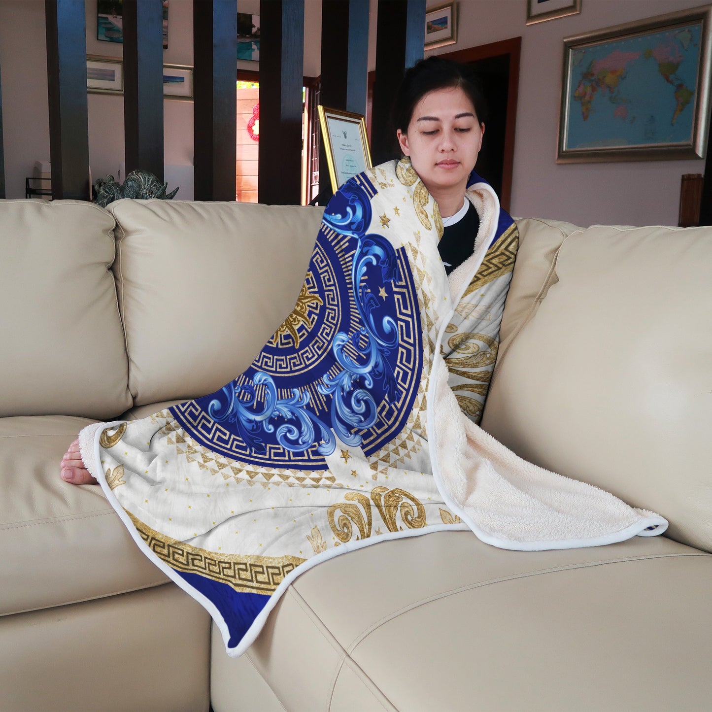 "Noira" Customized exclusive baroque blue-gold retro design Blanket Sofa • Quilt • Bedspread
