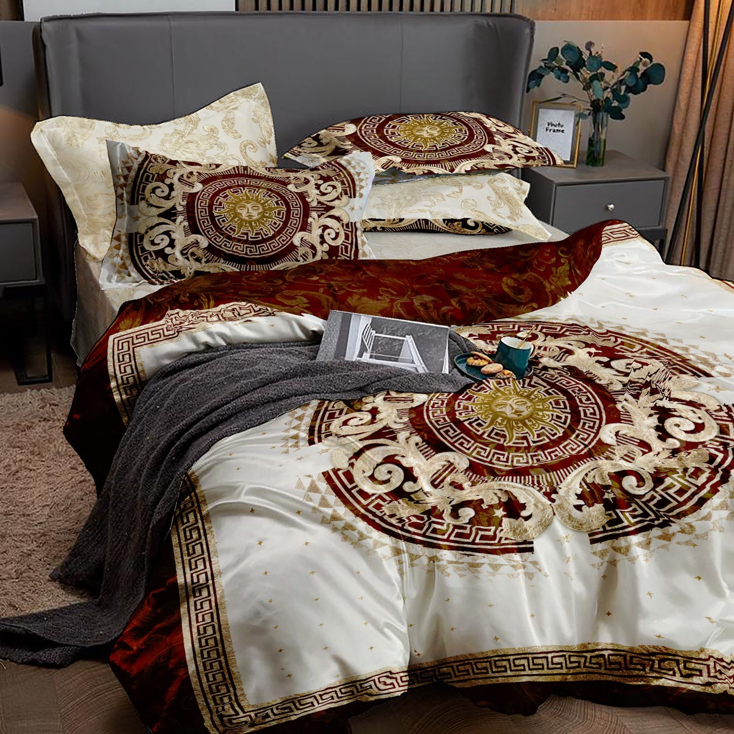 Baroque Eccentric Personalised Dark Red -Beige Bedding set • Reversible design • Cotton • microfiber • AU, EU, USA, queen, king
