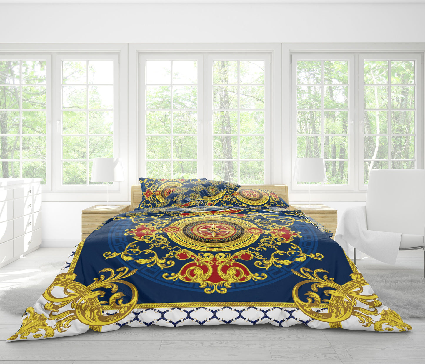Eccentric Baroque Blue Yellow White Personalised design Bedding set • Reversible design • Cotton • microfiber • you LOGO in center