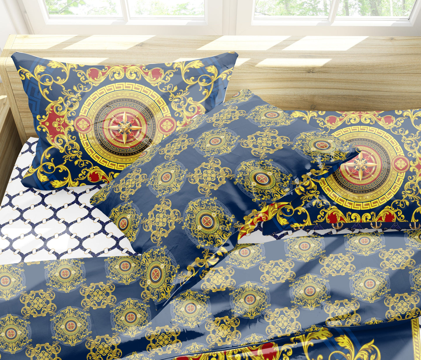Eccentric Baroque Blue Yellow White Personalised design Bedding set • Reversible design • Cotton • microfiber • you LOGO in center