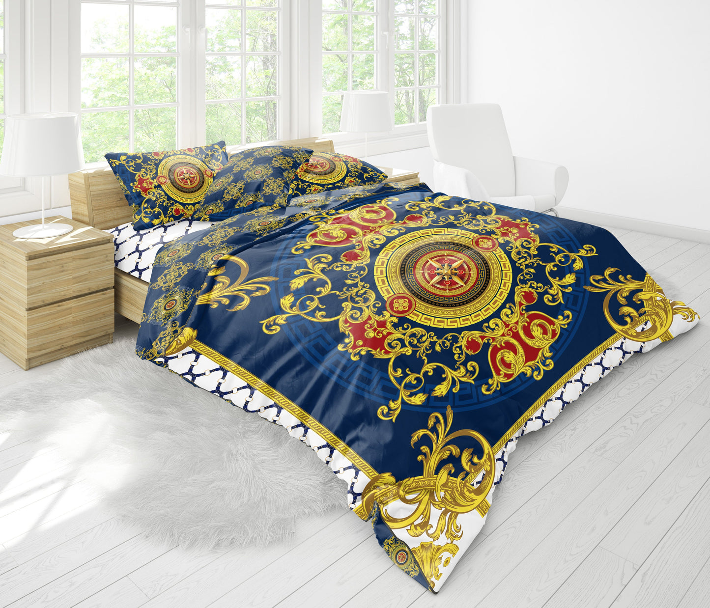 Eccentric Baroque Blue Yellow White Personalised design Bedding set • Reversible design • Cotton • microfiber • you LOGO in center