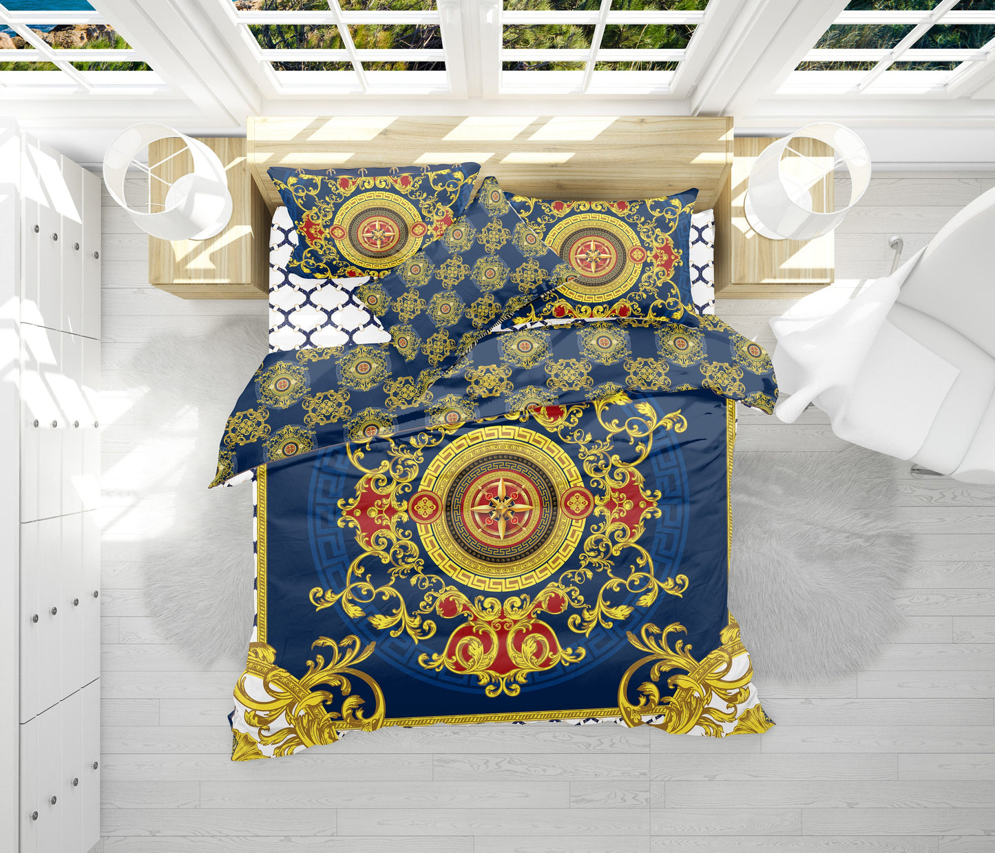 Eccentric Baroque Blue Yellow White Personalised design Bedding set • Reversible design • Cotton • microfiber • you LOGO in center