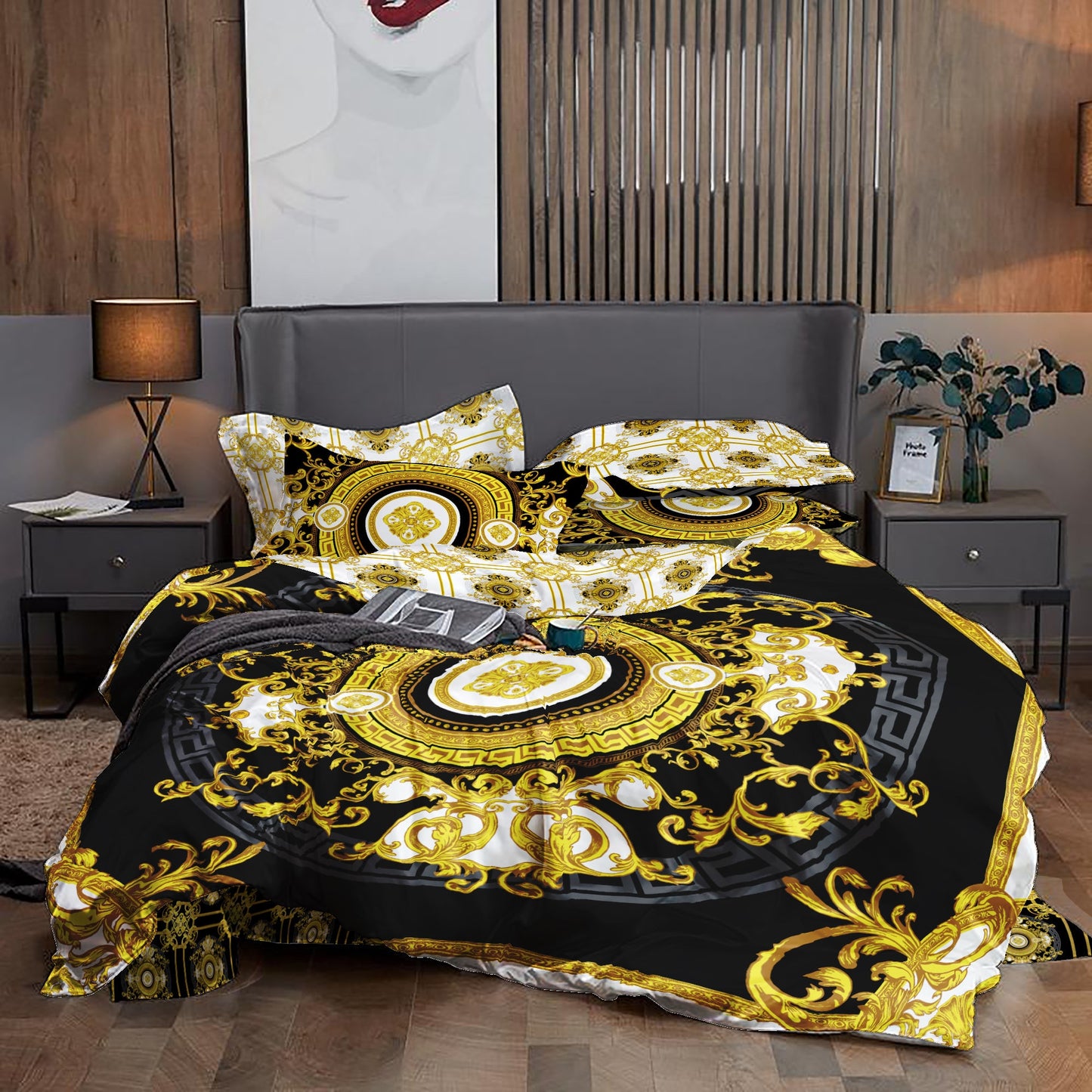 Barroco Negro&Amarillo y blanco Diseño personalizado Juego de cama • Diseño reversible • Algodón • microfibra • seda sintética • TU LOGO