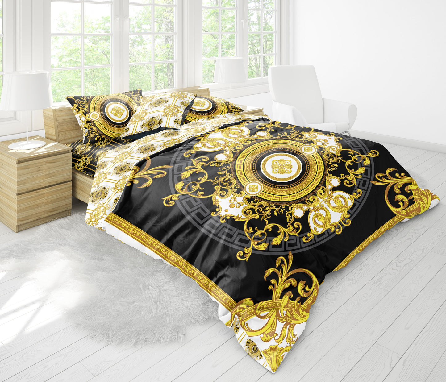 Barroco Negro&Amarillo y blanco Diseño personalizado Juego de cama • Diseño reversible • Algodón • microfibra • seda sintética • TU LOGO