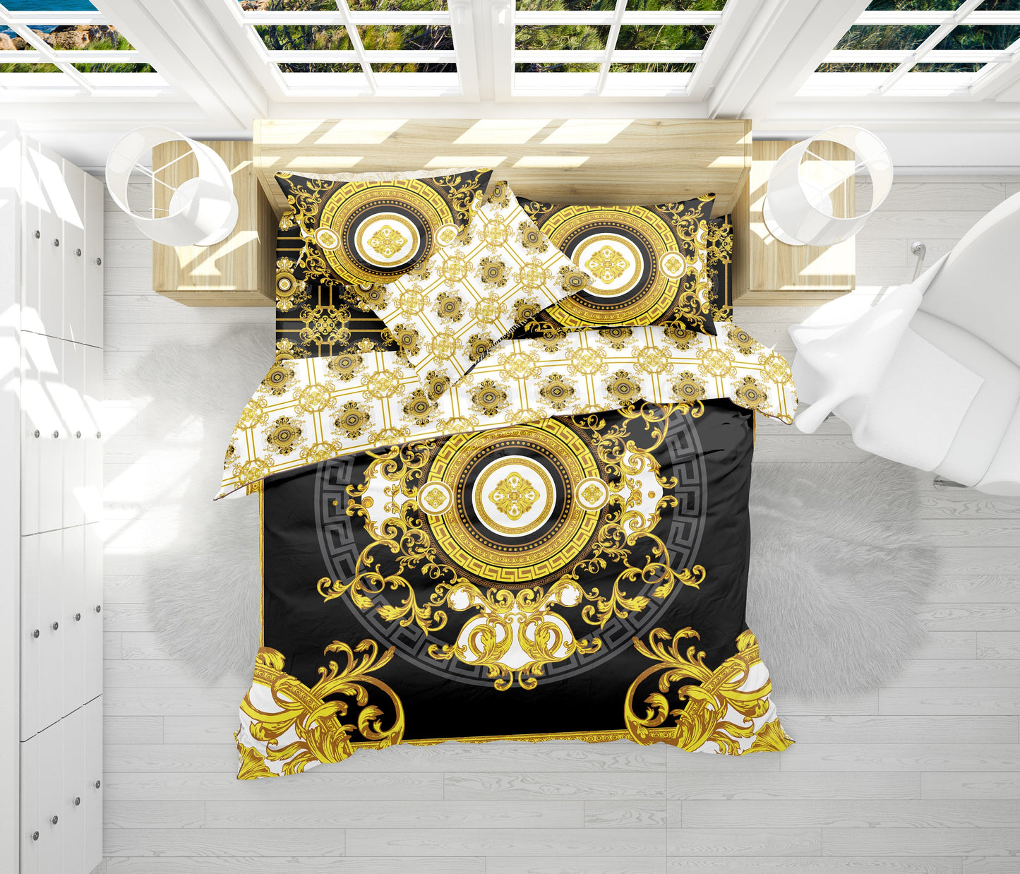 Barroco Negro&Amarillo y blanco Diseño personalizado Juego de cama • Diseño reversible • Algodón • microfibra • seda sintética • TU LOGO