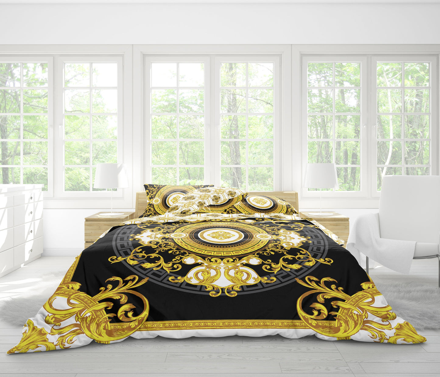 Barroco Negro&Amarillo y blanco Diseño personalizado Juego de cama • Diseño reversible • Algodón • microfibra • seda sintética • TU LOGO