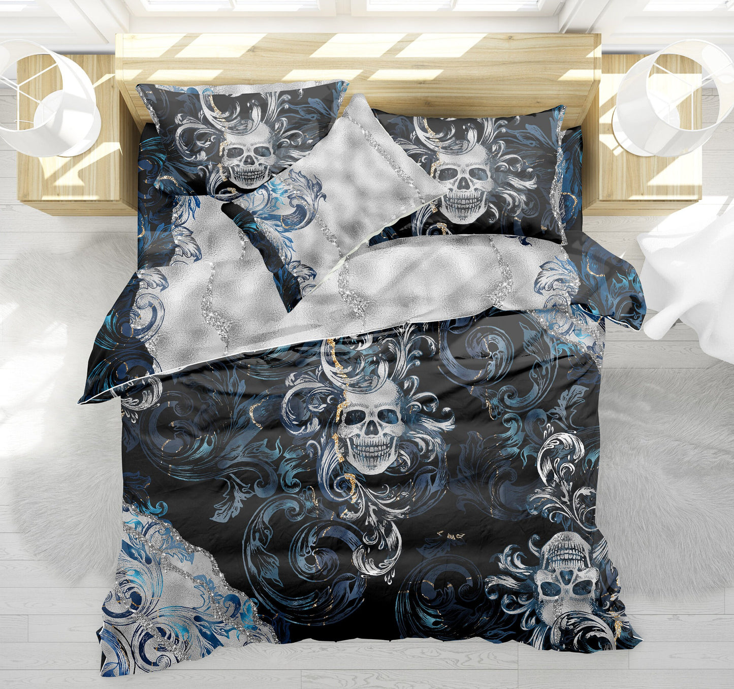 Juego de cama con diseño gótico de calavera en azul plateado • Diseño reversible • Ropa de cama personalizada • Juego de funda nórdica con fundas de almohada • Full Queen King