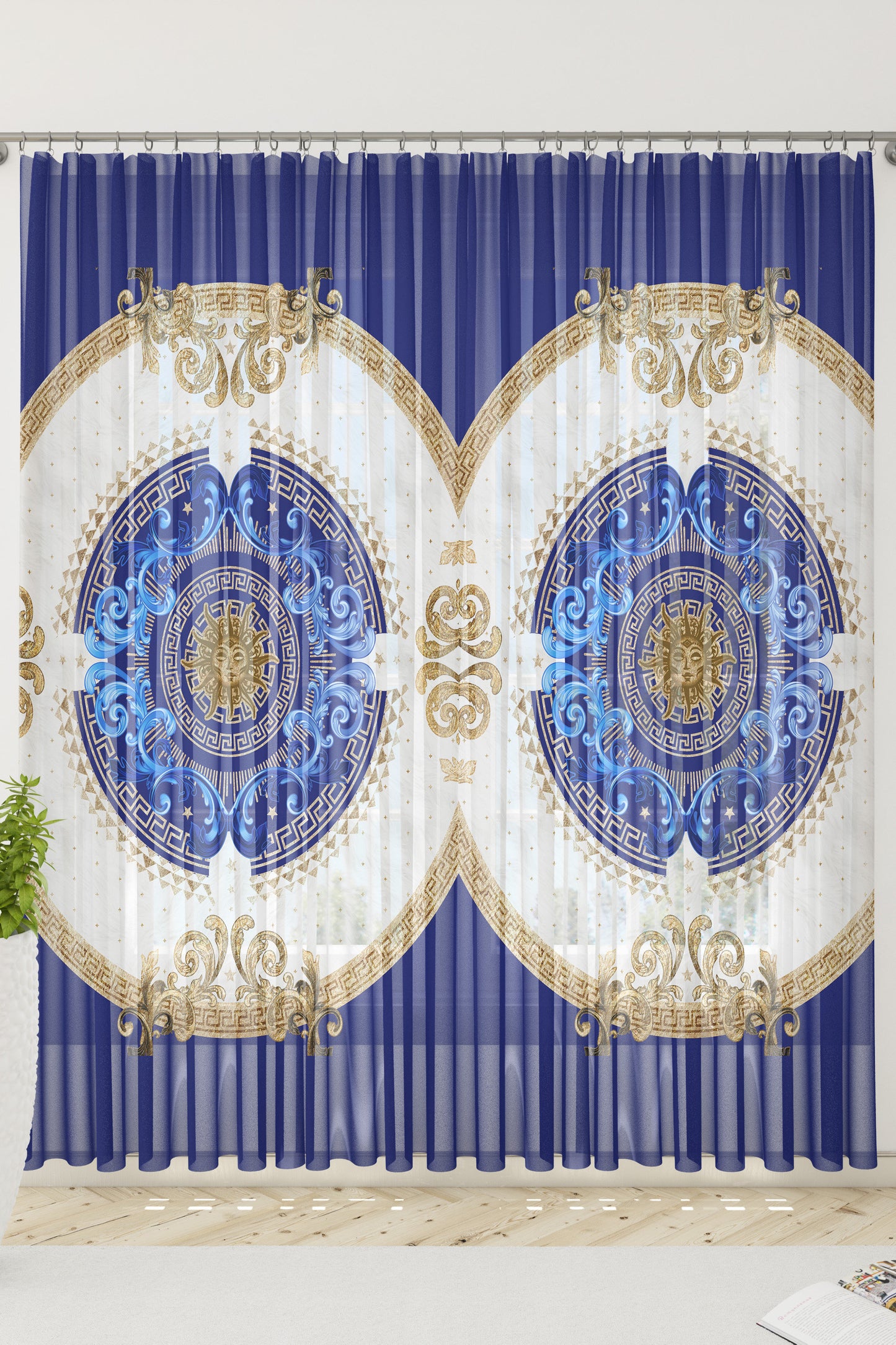 "Noira" Curtains 2 PCS SET blue gold baroque or greek style romantic design • your LOGO • room curtains • blackout • home decor