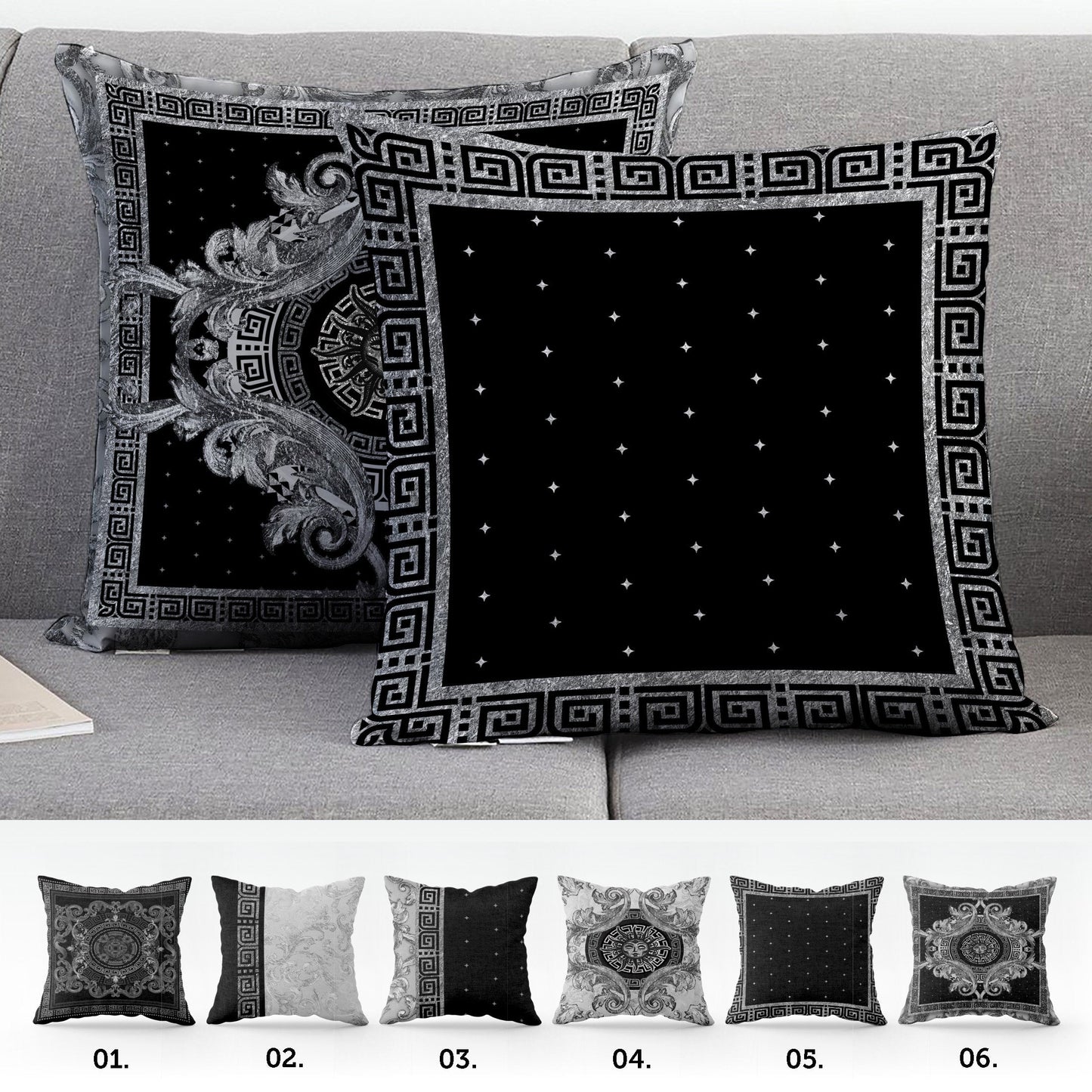 "Selina" cushion cover set • Art Gift • Exclusive baroque retro black-silver design pillow covers • different sizes