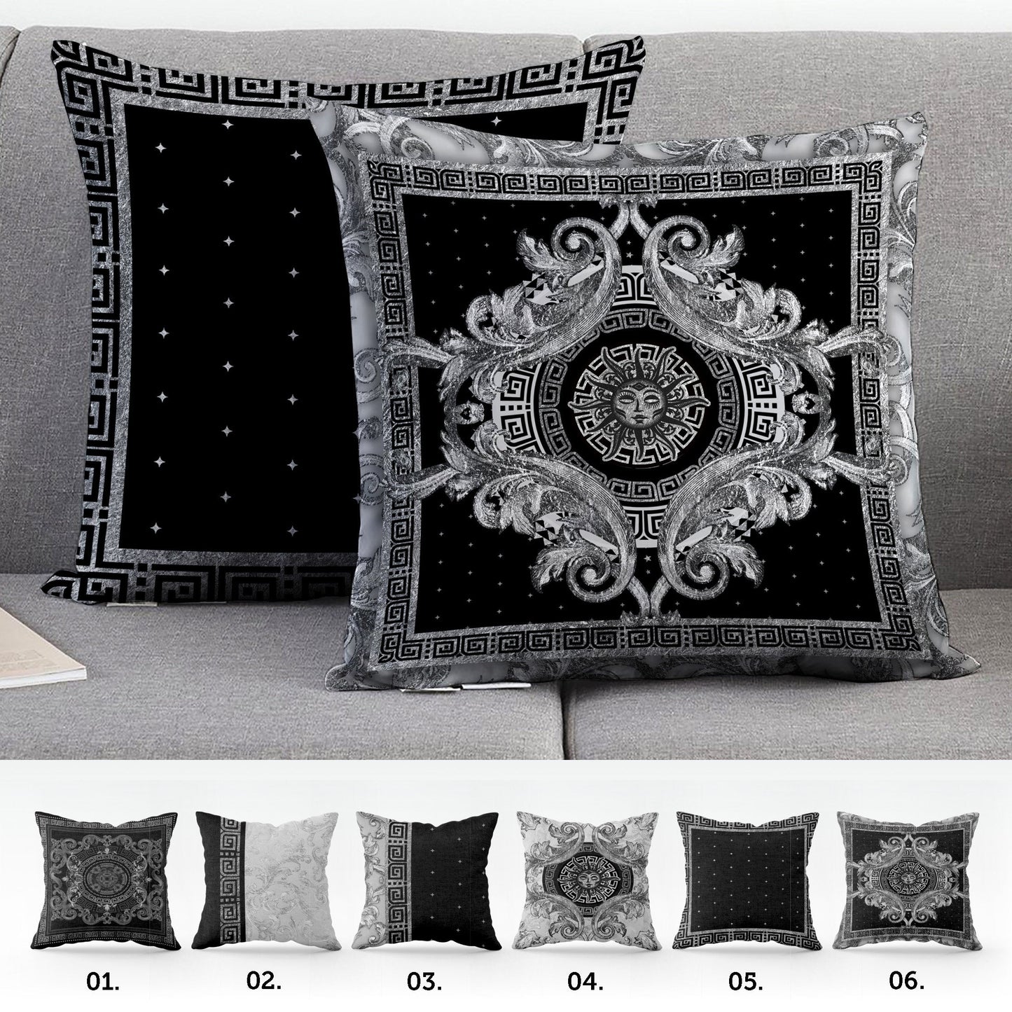"Selina" cushion cover set • Art Gift • Exclusive baroque retro black-silver design pillow covers • different sizes