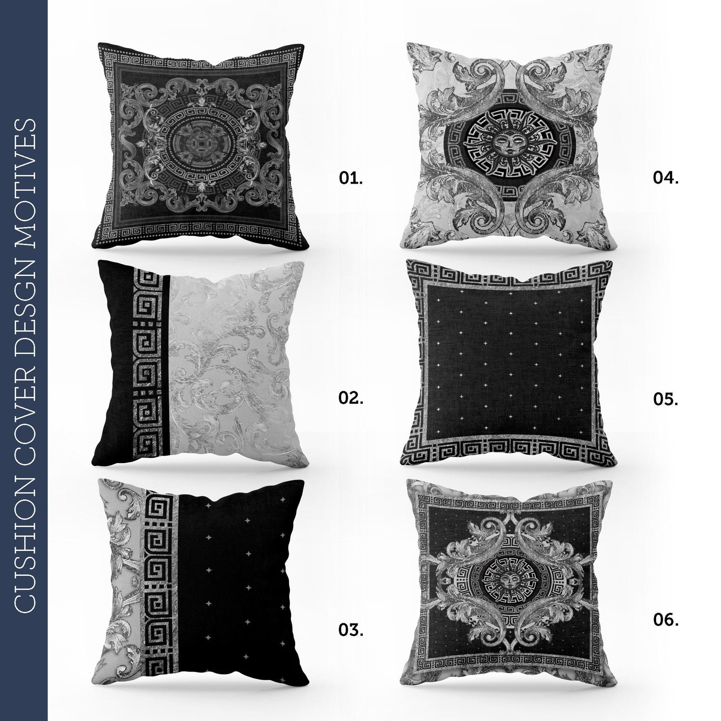 "Selina" cushion cover set • Art Gift • Exclusive baroque retro black-silver design pillow covers • different sizes