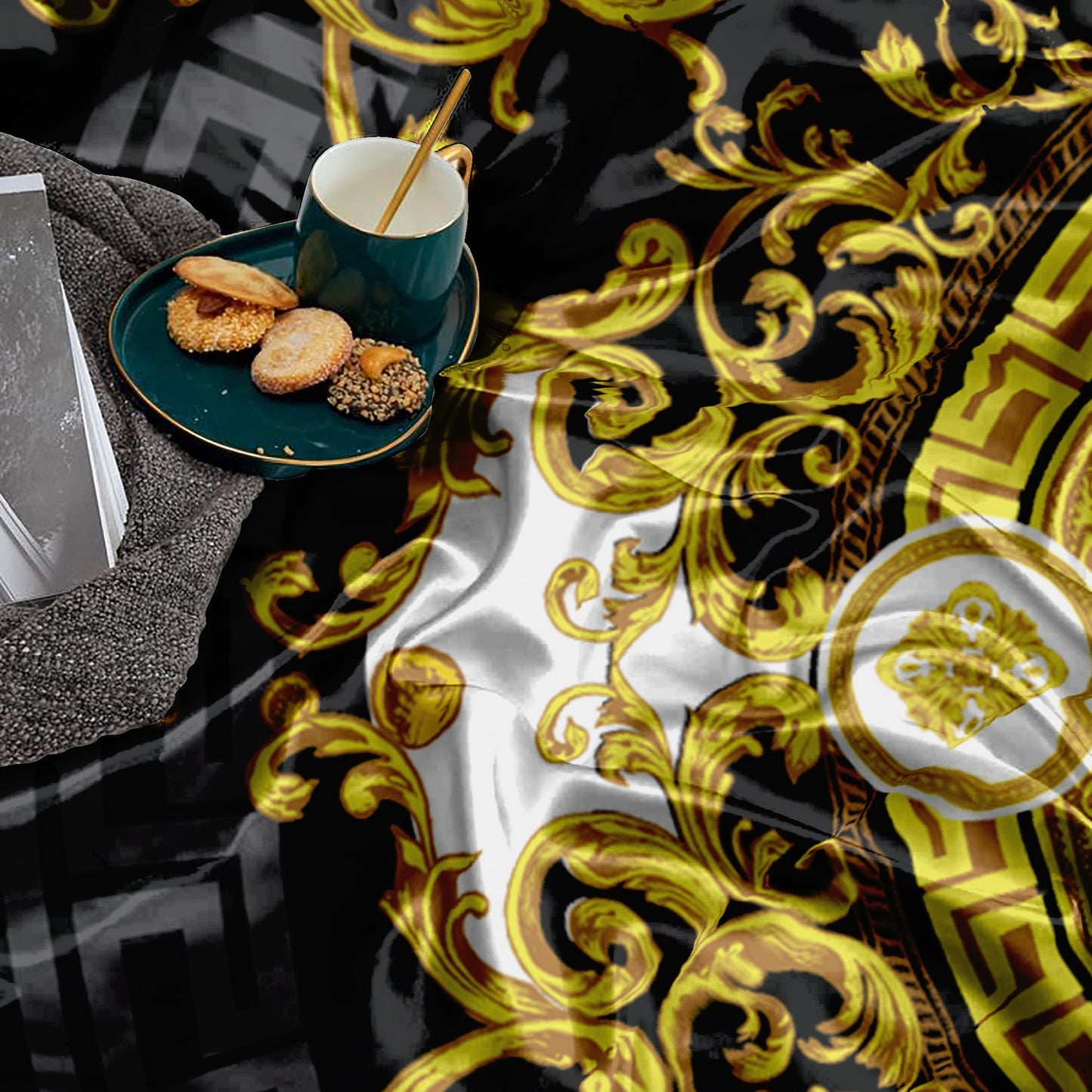 Barroco Negro&Amarillo y blanco Diseño personalizado Juego de cama • Diseño reversible • Algodón • microfibra • seda sintética • TU LOGO